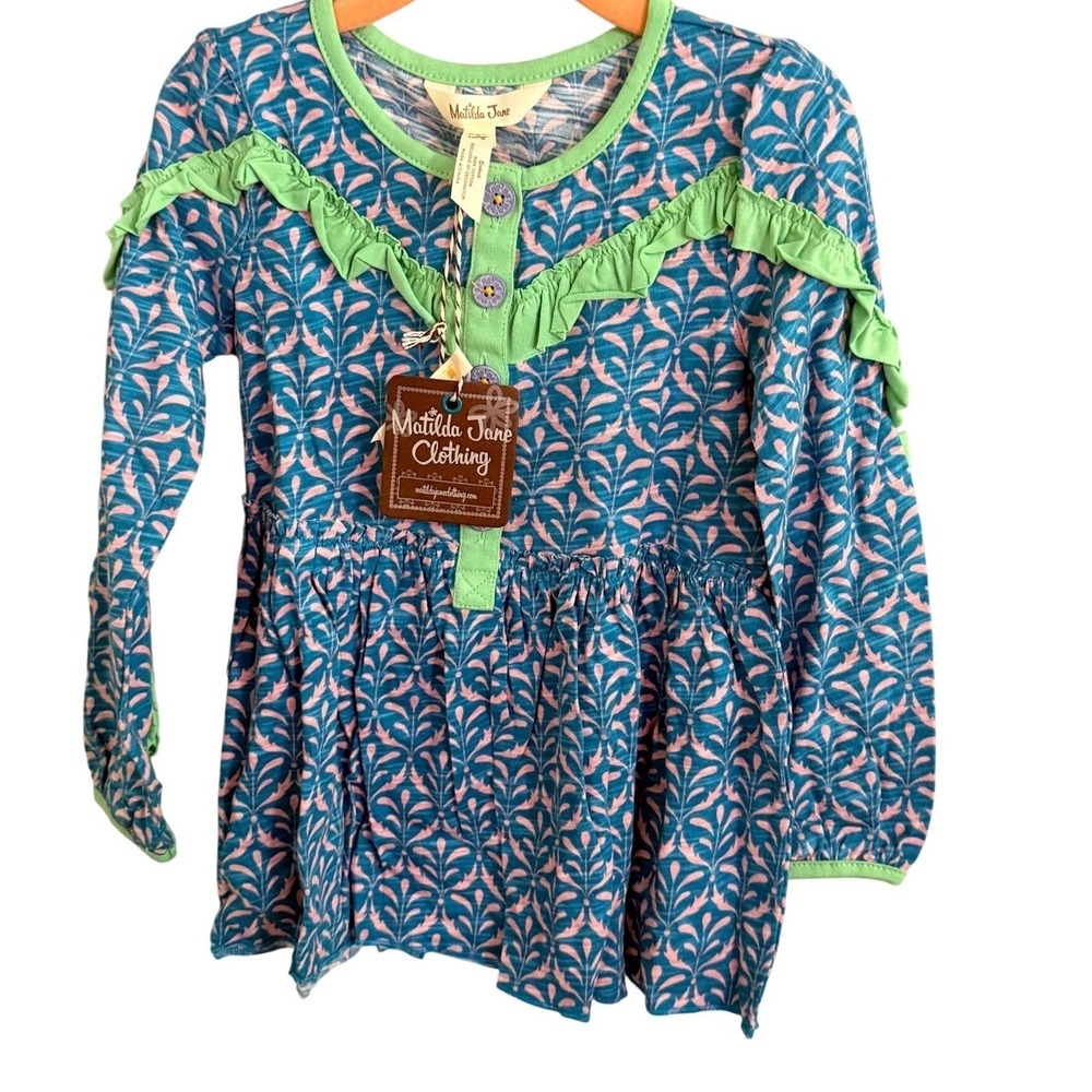 Matilda Jane Clothing Girls Blue Pink Leaf Ruffle Tunic Top‎ Size 4